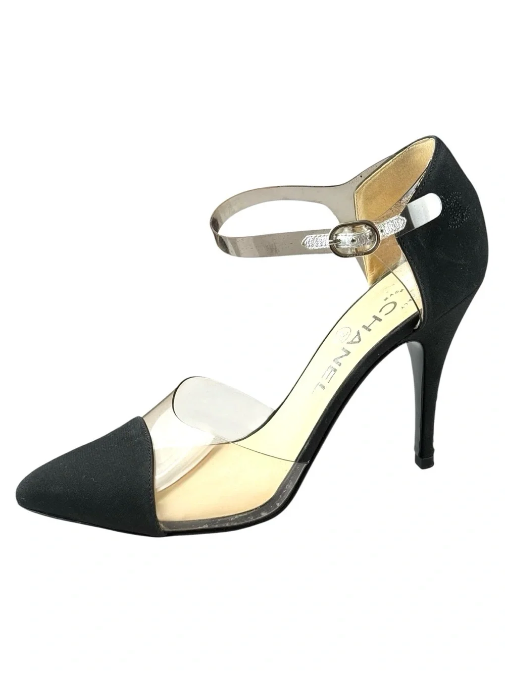 Chanel Black Fabric & Clear PVC Pointed-Toe Heels – Size 37.5